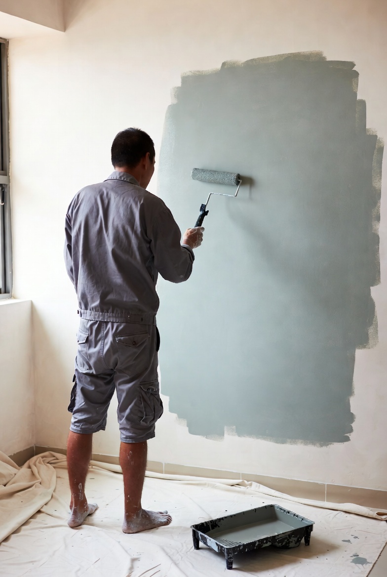 Painter rolling fresh paint on living room wall